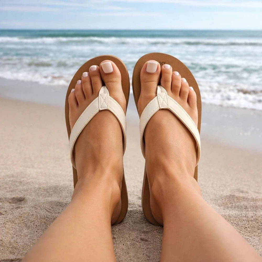Shade Shore Women Flip Flops Thong Sandals Tan‎ White Size 7 Beach Casual